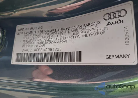 2010 Audi A5 3.2 Premium Plus from USA, damaged, VIN WAUVKAFR3AA081323